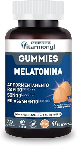 Gummies Melatonina - Integratore per il Sonno - Con Melatonina 1mg - Camomilla e Passiflora - Addormentamento Rapido - Rilassamento - Caramelle per Dormire - Gusto Mela - 27 Gummies - Vitarmonyl Generico - integratore