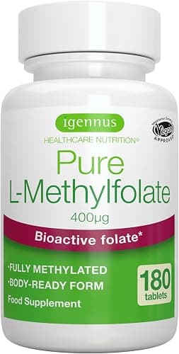 Igennus Metilfolato Puro 400 mcg (5-MTHF), Forma Attiva di Acido Folico (Vitamina B9), Alta Biodisponibilità, 180 Compresse, Vegano, Ingredienti Puri e Senza Additivi, Scorta 6 Mesi Generico - integratore