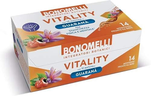Bonomelli - Integratore Botanico Vitality, 14 bustine, pronto da bere. Guaranà, Te Matcha, Zafferano, Vitamina B6, Tiamina, Acido Pantotenico. Per contrastare la stanchezza fisica e mentale (140ml) Generico - integratore