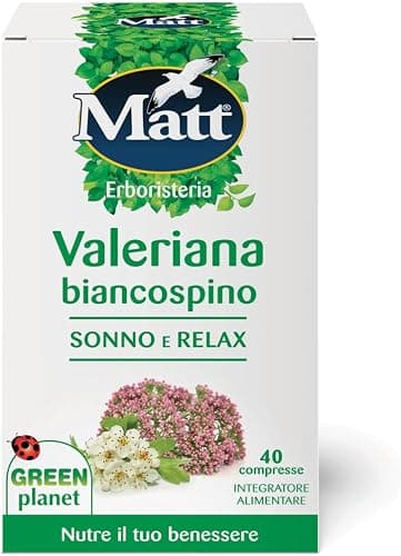Matt, Valeriana Biancospino Sonno e Relax, Integratore Alimentare Utile per Favorire il Rilassamento e il Sonno, Migliora la Qualità del Sonno, Confezione con 40 Compresse, 28 g Generico - integratore