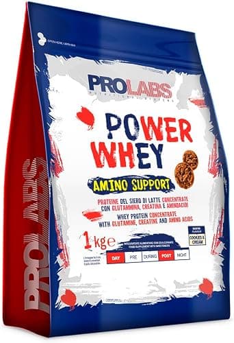 PROLABS – Proteine in Polvere POWER WHEY AMINO SUPPORT Concentrate Ricche di Aminoacidi Essenziali e BCAA, Whey Protein + Creatina, Glutammina, Vitamina B6 Crescita, Forza, Recupero 1kg, Cookies&Cream Generico - integratore