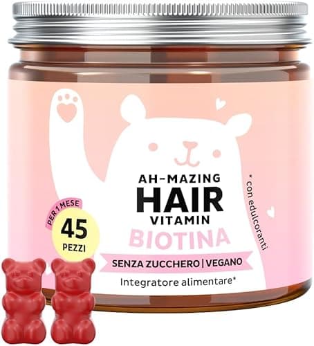 Caramelle Gommose Biotina Ah-mazing Hair – Vitamine per Capelli, Pelle e Unghie – 5000µg di Biotina (B7), Zinco, Vitamine B6, B9, C, E – 45 Pezzi, Vegane, Senza Zucchero, Bears with Benefits