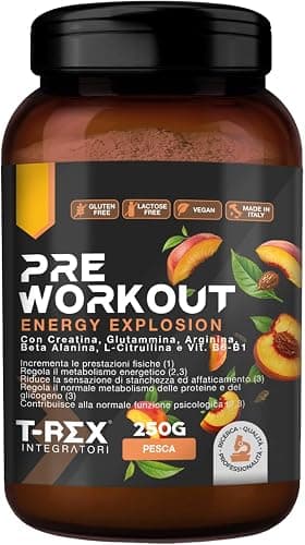 T-Rex Integratori Pre Workout, Energy Drink Potente con Creatina Monoidrata, Citrullina, Taurina, Arginina, Beta Alanina e Vitamine - Senza Caffeina, 250 g (250 g (Confezione da 1), Pesca) T-Rex Integratori - integratore