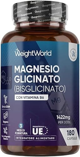 Magnesio Bisglicinato 1422mg per Dose con Vitamina B6, 180 Capsule (3 Mesi di Scorta), Magnesio Glicinato Vegano con Piridossina Cloridrato, 2 Capsule al Giorno di Magnesium Glycinate, Senza Additivi Generico - integratore