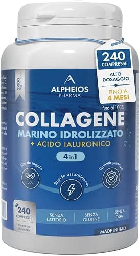 Collagene e Acido Ialuronico con BIOTINA per Capelli, Pelle, Unghie e Articolazioni. Collagene Idrolizzato 240 compresse 2000 MG con Zinco, CoQ10 e Vit. C + E per Ossa e Denti Forti. Made in Italy