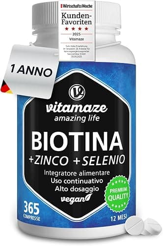 Biotina Anticaduta Capelli 365 Giorni – Crescita e Rinforzo Capelli, Pelle e Unghie – Zinco e Selenio – Integratore Capelli Alto Assorbimento – Vitamaze® Generico - integratore