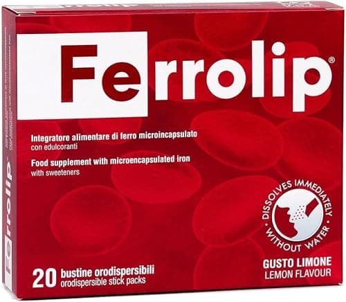 Ferrolip Forte Integratore Ferro e Acido Folico (30 Bustine Orosolubili al Limone) - Senza Fastidi Gastrointestinali - Privo di Sapore Metallico - Con Vitamina C e B12