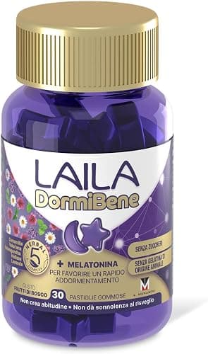 Laila DormiBene Integratore alimentare per il sonno a base di Herbal 5 Complex e Melatonina per favorire un rapido addormentamento. Confezione da 120 pastiglie gommose. Senza zuccheri