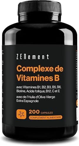 Complesso di Vitamine B - Miglior Assorbimento con Olio Extra Vergine di Oliva Biologico - Con Vitamine B1, B2, B3, B5, B6, B9, B12, Biotina, C ed E – 200 Softgel – Zenement Generico - integratore