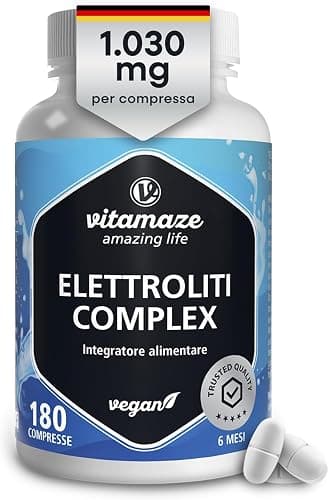 Elettroliti Integratore 1.000 mg per 6 mesi (1 al Giorno) con Sali Minerali Magnesio, Potassio, Calcio, Cloruro e Sodio per l'Equilibrio Elettrolitico Senza Zucchero. 180 Compresse. Vitamaze® Generico - integratore