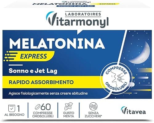 Melatonina Express - Integratore alimentare per il Sonno e il Jet Lag - Melatonina per Dormire - Gusto Menta - Senza Zuccheri - Confezione da 60 compresse orosolubili - Vitarmonyl Generico - integratore