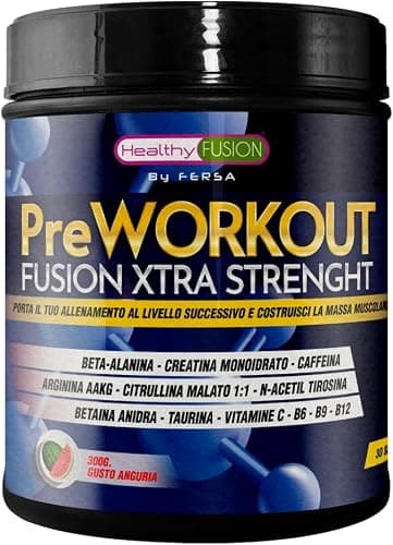 Healthy Fusion Pre workout Potente Pre-Allenamento | Beta Alanina + L-Arginina AAKG + Creatina + Caffeina + Taurina| Promuove lo sviluppo muscolare | Aumenta il rendimento fisico | Gusto Anguria 300 g Generico - integratore