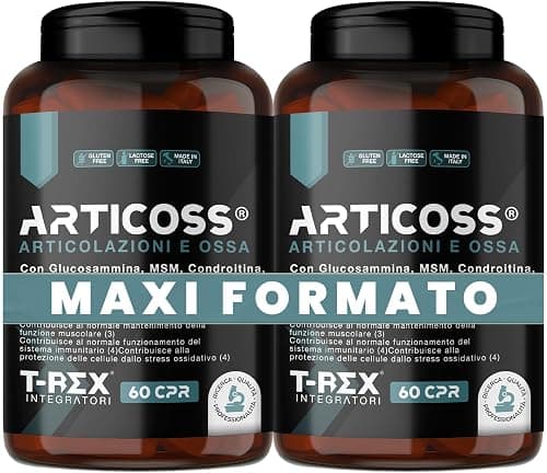 ARTICOSS Integratore per Articolazioni Ossa e Cartilagini con Glucosamina Condroitina Msm Artiglio del Diavolo, Vitamina C e Vitamina D, Collagene e Acido Ialuronico. 120 compresse T-Rex Integratori - integratore