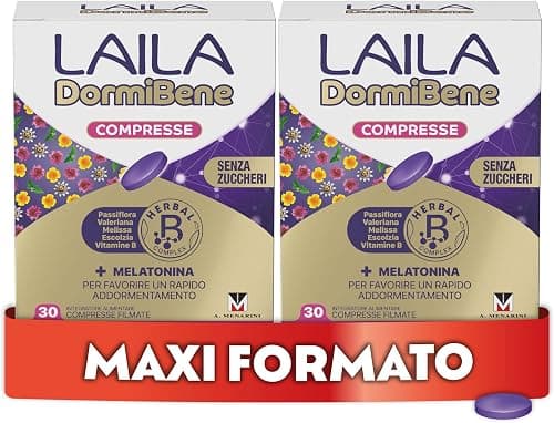 Laila DormiBene Compresse Maxi Formato, Integratore alimentare per il sonno con Herbal B Complex e Melatonina per favorire un rapido addormentamento, 2 x 30 compresse. Senza zuccheri, Senza Glutine Generico - integratore