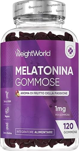 Melatonina Gommose, 120 Caramelle Vegane da 1mg (1 Sola la Sera), 4 Mesi di Scorta, Melatonina Complex con Vitamina B6 e Passiflora, Delizioso Aroma di Frutto della Passione, Senza Magnesio Stearato Generico - integratore