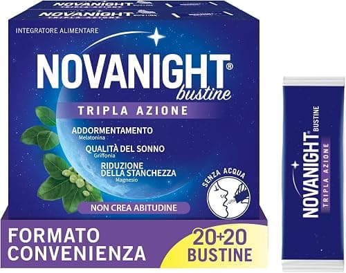 Novanight Tripla Azione Bustine, Magnesio, Melatonina per Dormire, Integratori per Dormire, Disturbi del Sonno - Senza Glutine, con Griffonia, Non Induce Dipendenza (40 Bst Gusto Camomilla e Agrumi)