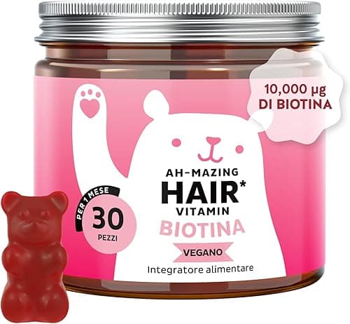 Biotina Gummies Ah-mazing Hair – Integratori per Capelli – Formula Potenziata – 10.000 µg di Biotina, Zinco, Vitamina B6, C, E e Iodio – 30 pezzi (1 Mese), Vegane - Bears with Benefits