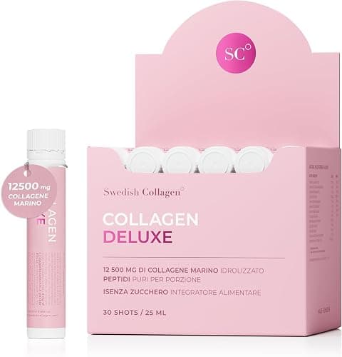 Swedish Collagen - Collagen Deluxe Shots 30x25 ml Peptidi di Collagene Marino Idrolizzato | 12.500 mg Collagene | Con Acido Ialuronico, Vitamine e Minerali (30) Generico - integratore