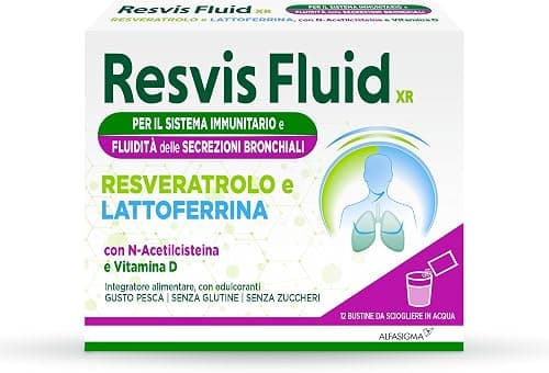 Resvis Fluid XR, Integratore Alimentare di Resveratrolo e Lattoferrina, per il benessere delle vie respiratorie, Con N-Acetilcisteina, Senza Glutine e Zuccheri, 12 Bustine, Gusto Pesca Generico - integratore
