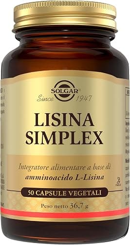 Solgar Lisina Simplex, Integratore Alimentare, 50 Capsule Vegetali L-Lisina | L‑Lisina (forma libera) 1000 mg/2 capsule; Amminoacido essenziale costituente del collagene. Generico - integratore
