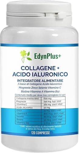 EdynPlus+ Collagene e Acido Ialuronico Idrolizzato Marino Vitamina A,B,C Zinco Biotina Selenio Magnesio 120 Compresse Alto Dosaggio Made in Italy Generico - integratore