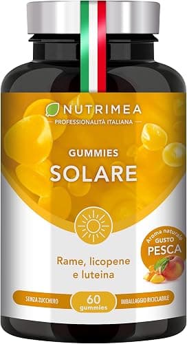 Gummies Solare | Integratore Abbronzatura | Senza Zucchero | Pigmentazione della Pelle | Rame, Licopene e Luteina | 60 Tanning Gummies Vegane | Gusto Pesca | Nutrimea Generico - integratore