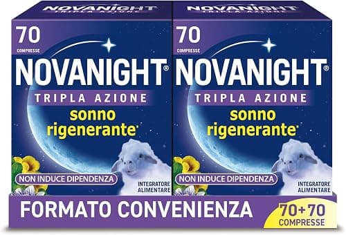 Novanight Tripla Azione Melatonina per Dormire, Integratori per Dormire, Disturbi del Sonno - Senza Glutine, con Melatonina, Escolzia, Passiflora, Melissa, Non Induce Dipendenza (70+70 Compresse) Novanight - integratore