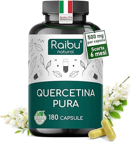 Quercetina 500 mg Pura – 180 Capsule (6 MESI di Fornitura) I 95% di Contenuto di Quercetina I Estratto di Sophora Japonica I Integratore di Flavonoidi I Testato in Laboratorio e Vegano, Raibu Generico - integratore