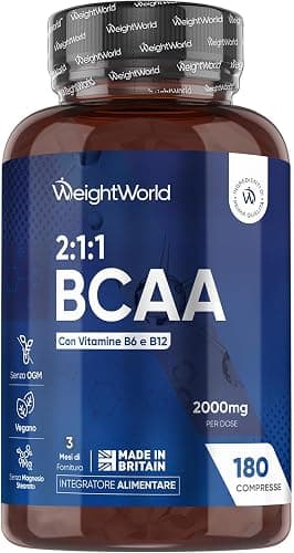 BCAA 2 1 1 Aminoacidi Ramificati 2000mg, Leucina, Valina, Isoleucina, Vitamina B6, Vit B12, Aminoacidi Essenziali Pre Workout, Intra e Post Workout, 180 BCAA Compresse Vegane, Senza Magnesio Stearato Generico - integratore