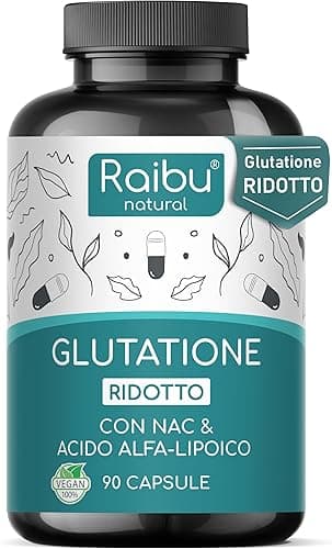 Glutatione Forte Ridotto - L-Glutatione con NAC, Acido Alfa-Lipoico & L-Glicina - Antiossidante, Bioattivo, Ottenuto per Fermentazione - 250 mg per Capsula - 90 Capsule Vegane, Senza Additivi, Raibu Generico - integratore